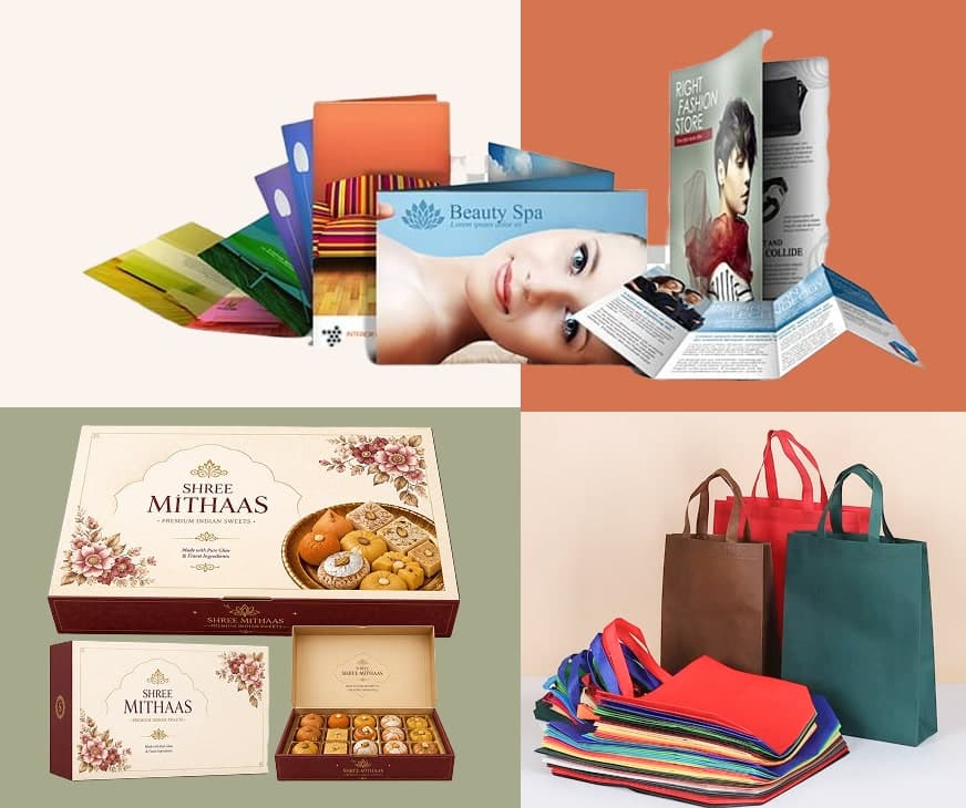 Collage of New Priya Printers products – brochures, flyers, sweet boxes and non woven bags
