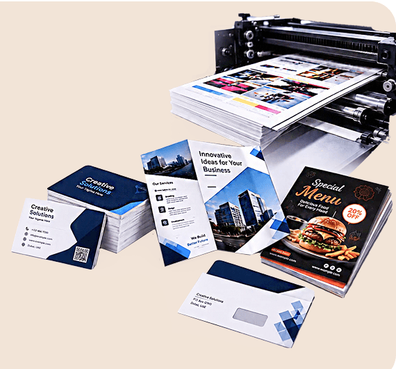 Printed visiting cards, menus and flyers coming off the press