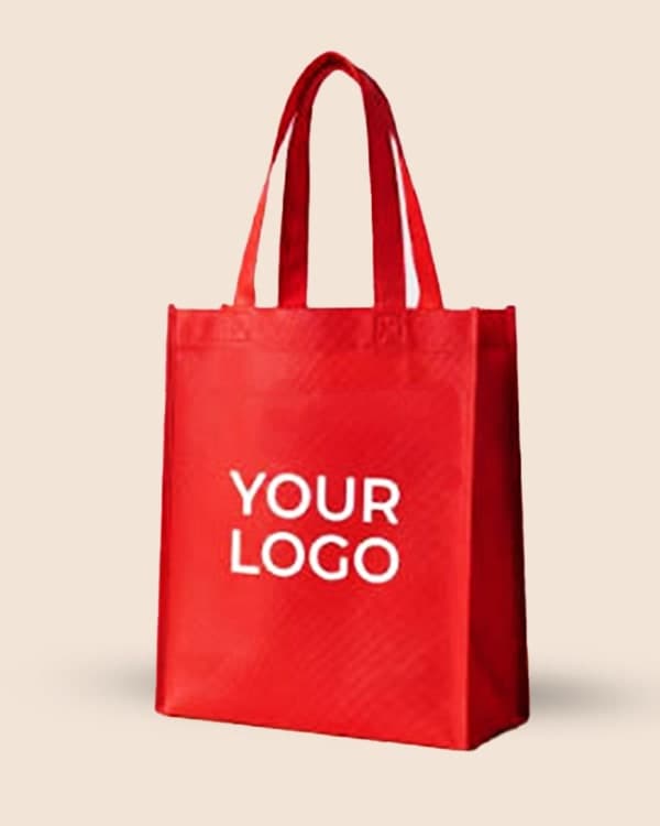 Red custom printed non woven bag with YOUR LOGO placeholder