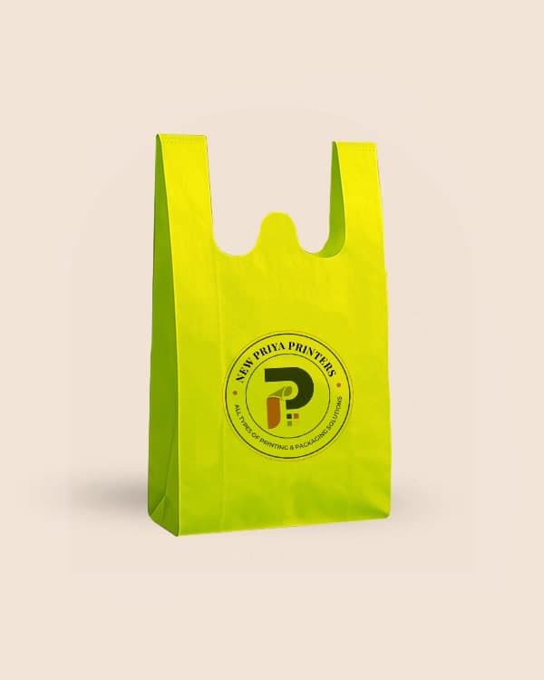 Yellow-green W cut non woven bag printed with New Priya Printers logo