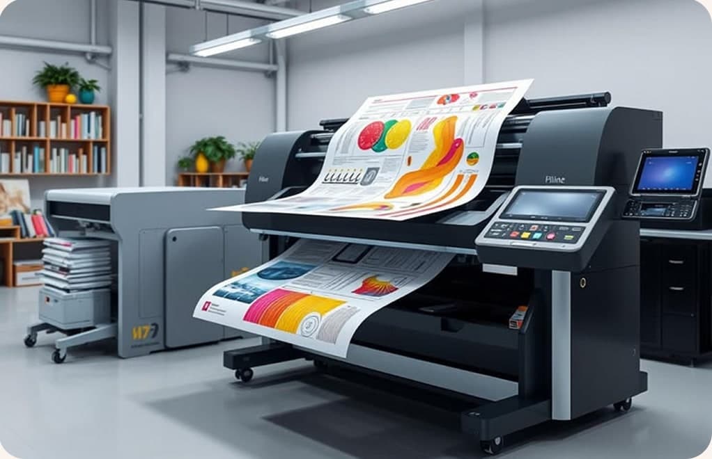 Large format digital printing machine at New Priya Printers, Jaipur producing colourful prints